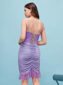 Kara Whiting Graphic Print Ruched Ruffle Hem Cami Dress - Violet Purple - View 3