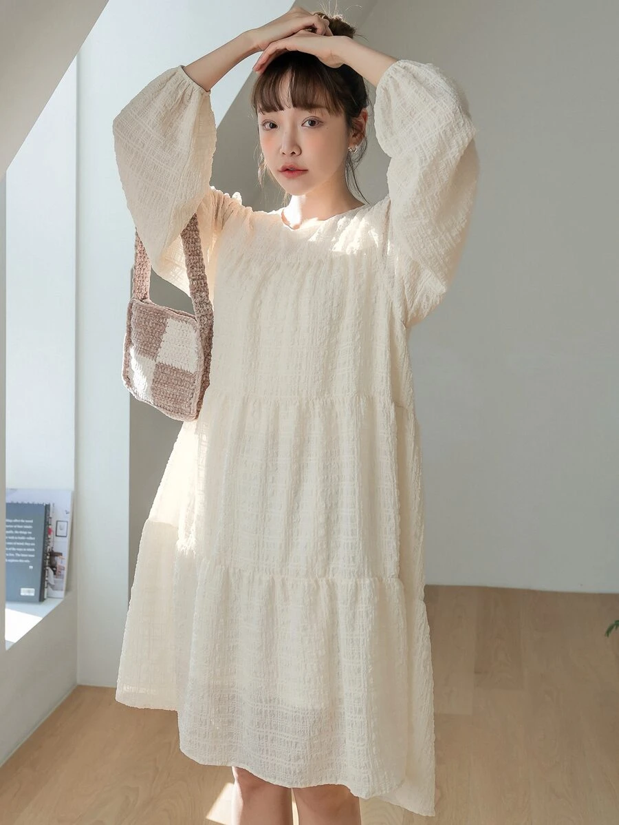 DAZY 扣環後背主教袖子松緊裙 - 杏色 - 查看 1