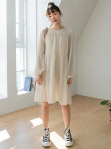 DAZY 扣環後背主教袖子松緊裙 - 杏色 - 查看 3