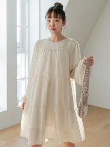 DAZY 扣環後背主教袖子松緊裙 - 杏色 - 查看 4