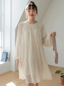 DAZY 扣環後背主教袖子松緊裙 - 杏色 - 查看 5