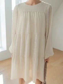 DAZY 扣環後背主教袖子松緊裙 - 杏色 - 查看 6