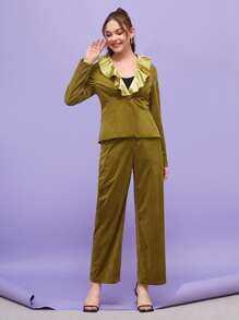 Creative Calm Contrast Ruffle Collar Cord Blazer & Trousers Set - Olive Green - View 1