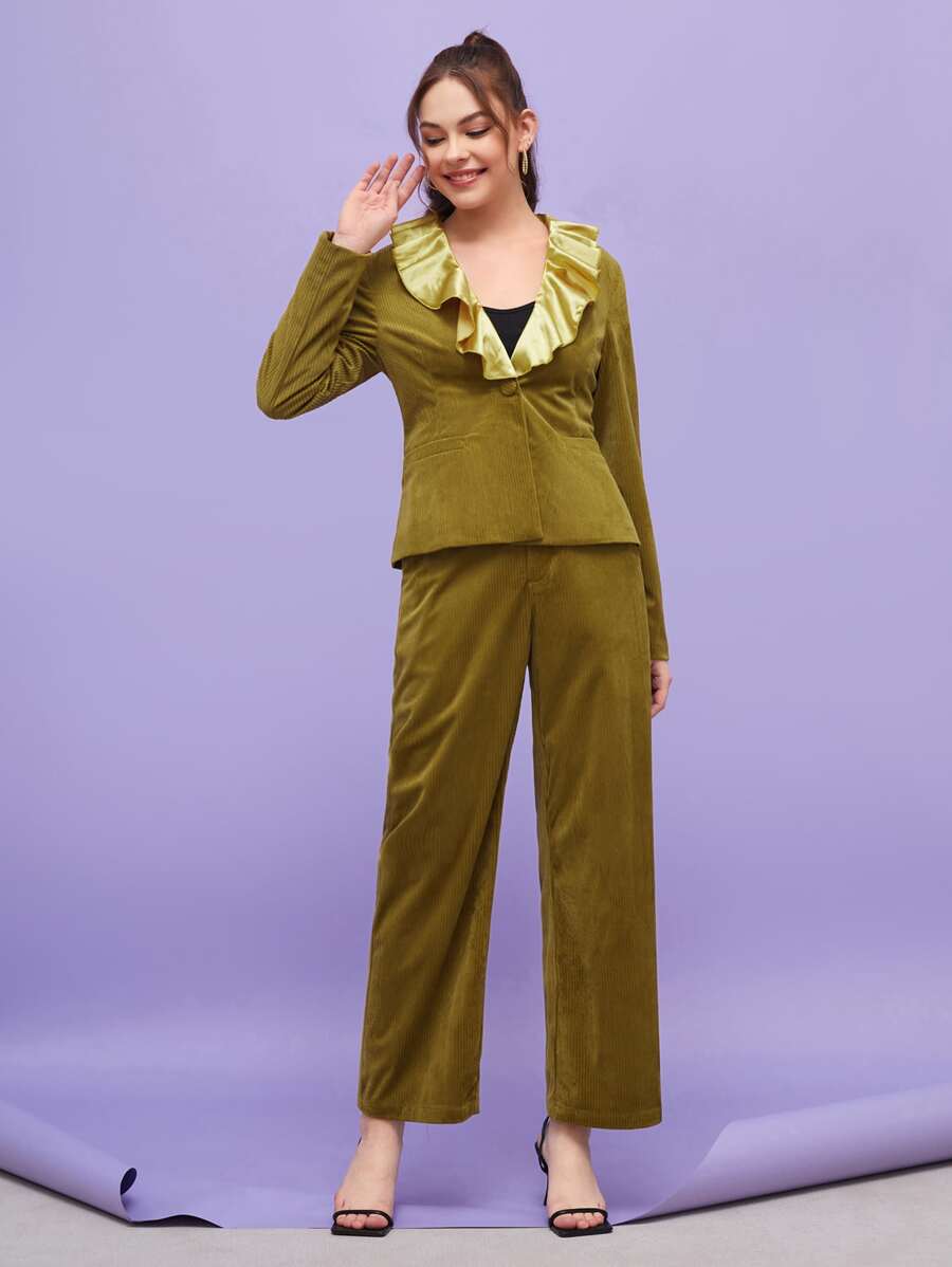 Creative Calm Contrast Ruffle Collar Cord Blazer & Trousers Set - Olive Green - View 1