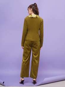 Creative Calm Contrast Ruffle Collar Cord Blazer & Trousers Set - Olive Green - View 2