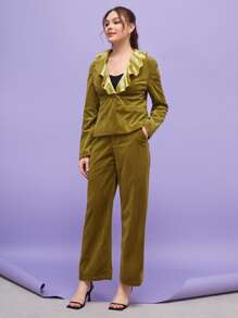 Creative Calm Contrast Ruffle Collar Cord Blazer & Trousers Set - Olive Green - View 4