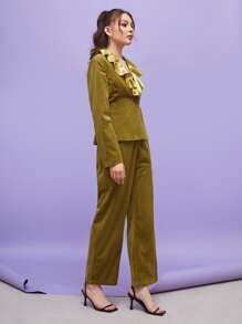 Creative Calm Contrast Ruffle Collar Cord Blazer & Trousers Set - Olive Green - View 5
