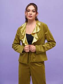 Creative Calm Contrast Ruffle Collar Cord Blazer & Trousers Set - Olive Green - View 6