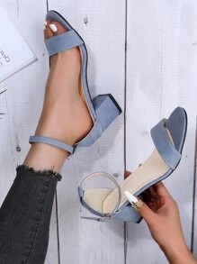 Women Minimalist Chunky Heeled Ankle Strap Sandals, Fashion Summer Faux Suede Heeled Sandals - Dusty Blue - View 1