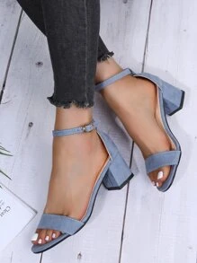 Women Minimalist Chunky Heeled Ankle Strap Sandals, Fashion Summer Faux Suede Heeled Sandals - Dusty Blue - View 2