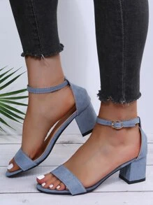 Women Minimalist Chunky Heeled Ankle Strap Sandals, Fashion Summer Faux Suede Heeled Sandals - Dusty Blue - View 3