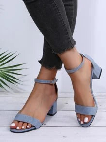 Women Minimalist Chunky Heeled Ankle Strap Sandals, Fashion Summer Faux Suede Heeled Sandals - Dusty Blue - View 4