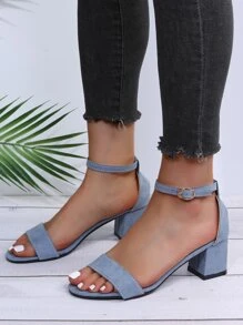 Women Minimalist Chunky Heeled Ankle Strap Sandals, Fashion Summer Faux Suede Heeled Sandals - Dusty Blue - View 6
