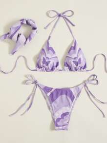 Swim Vcay 泳衣女 2025 女士三件套海滩蝴蝶印花吊带性感比基尼泳装套装紫色比基尼夏季 - 紫色 - 查看 5
