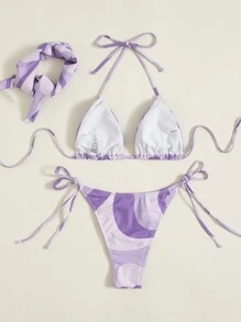Swim Vcay 泳衣女 2025 女士三件套海滩蝴蝶印花吊带性感比基尼泳装套装紫色比基尼夏季 - 紫色 - 查看 6