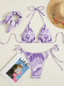 Swim Vcay 泳衣女 2025 女士三件套海滩蝴蝶印花吊带性感比基尼泳装套装紫色比基尼夏季 - 紫色 - 查看 7