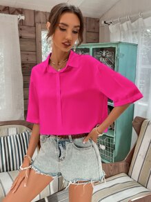 SHEIN Unity Camisa corta con botón delantero - Rosa Fucsia - Ver 4