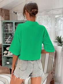 SHEIN Unity Button Front Crop Shirt - Green - View 2