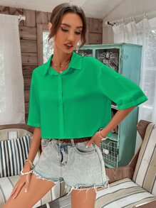 SHEIN Unity Button Front Crop Shirt - Green - View 4