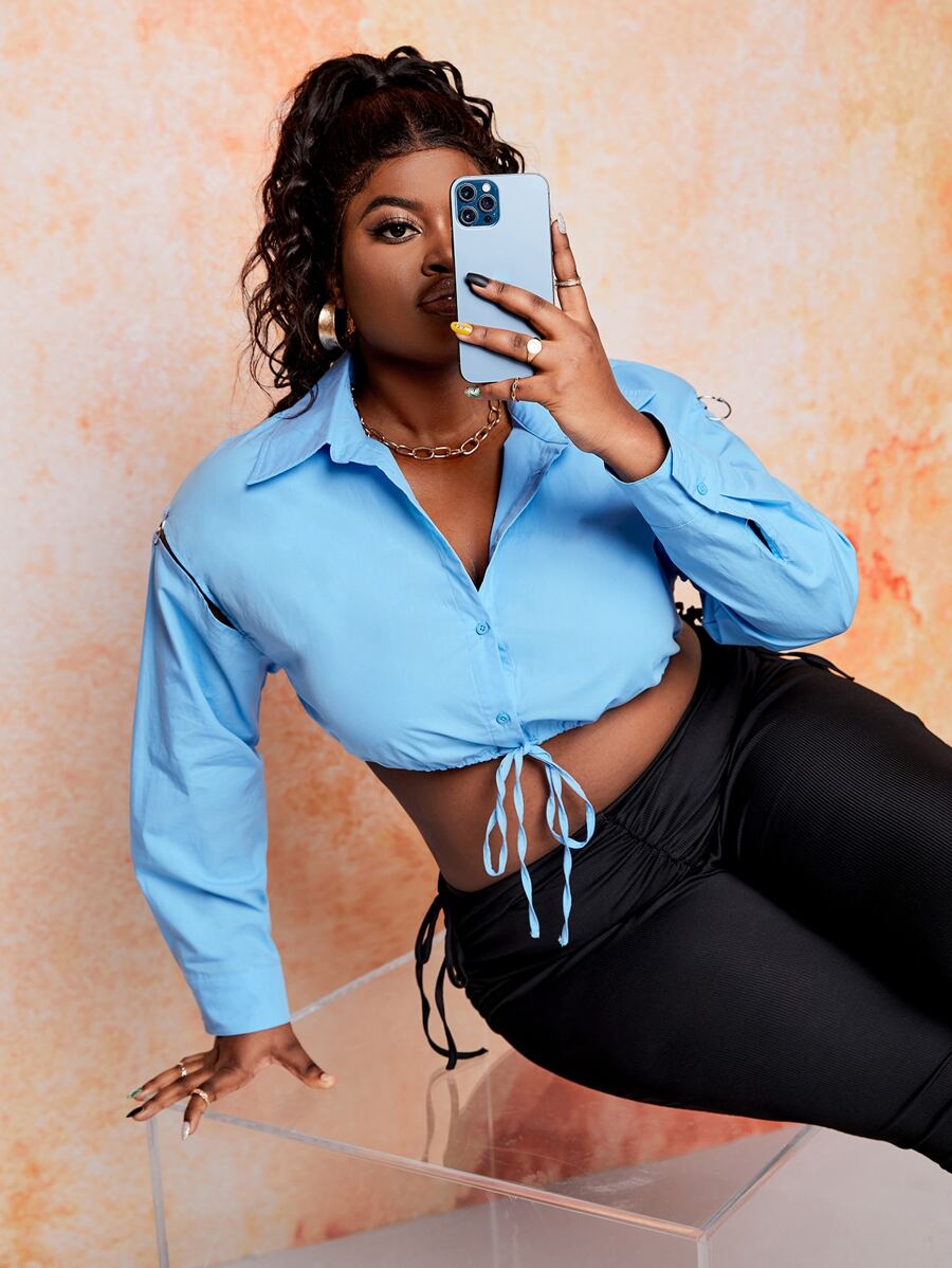 Slaydiva Plus Solid Tie Front Button Front Crop Blouse - Blue - View 1