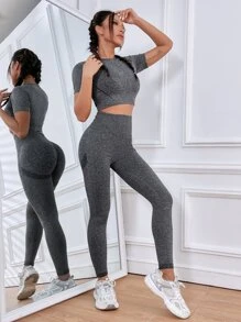 Yoga Basic Space Dye Topstitching Detail Sports Set - Grey - View 2