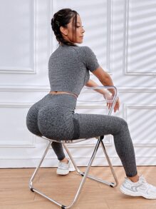 Yoga Basic Space Dye Topstitching Detail Sports Set - Grey - View 3