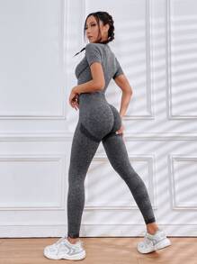 Yoga Basic Space Dye Topstitching Detail Sports Set - Grey - View 6