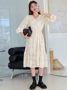 DAZY Đầm Thắt lưng Viên lá sen Nút phía trước màu trơn Thanh lịch - Màu be - Xem 1