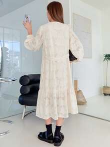 DAZY Đầm Thắt lưng Viên lá sen Nút phía trước màu trơn Thanh lịch - Màu be - Xem 2