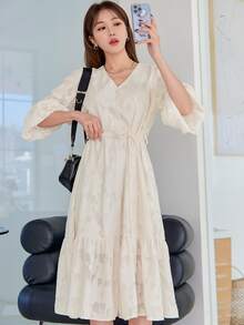 DAZY Đầm Thắt lưng Viên lá sen Nút phía trước màu trơn Thanh lịch - Màu be - Xem 4