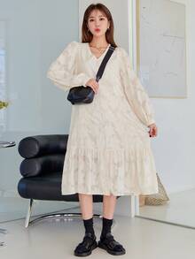 DAZY Đầm Thắt lưng Viên lá sen Nút phía trước màu trơn Thanh lịch - Màu be - Xem 5