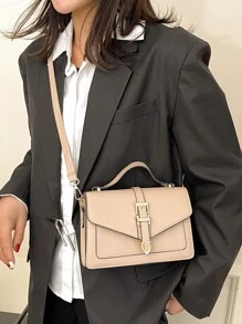 Bolso cuadrado con solapa, impermeable, ligero, informal, minimalista, con hebilla decorativa, para adolescentes, mujeres, estudiantes universitarias, novatos y trabajadores administrativos, perfecto para la oficina, la universidad, el trabajo, los negocios y los desplazamientos - Caqui - Ver 4