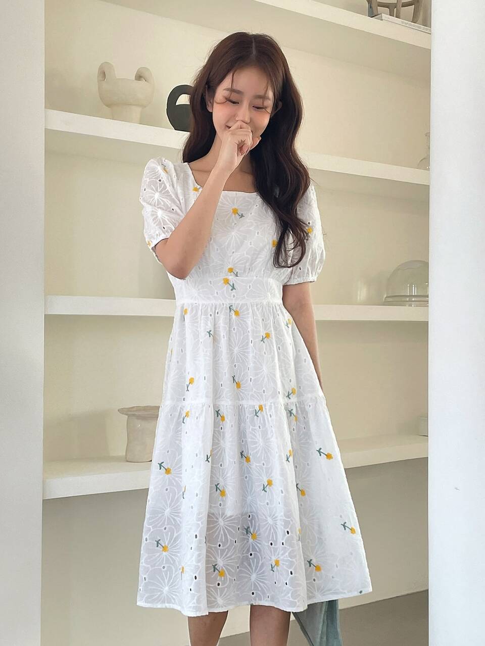 Floral Embroidery Puff Sleeve A-line Dress