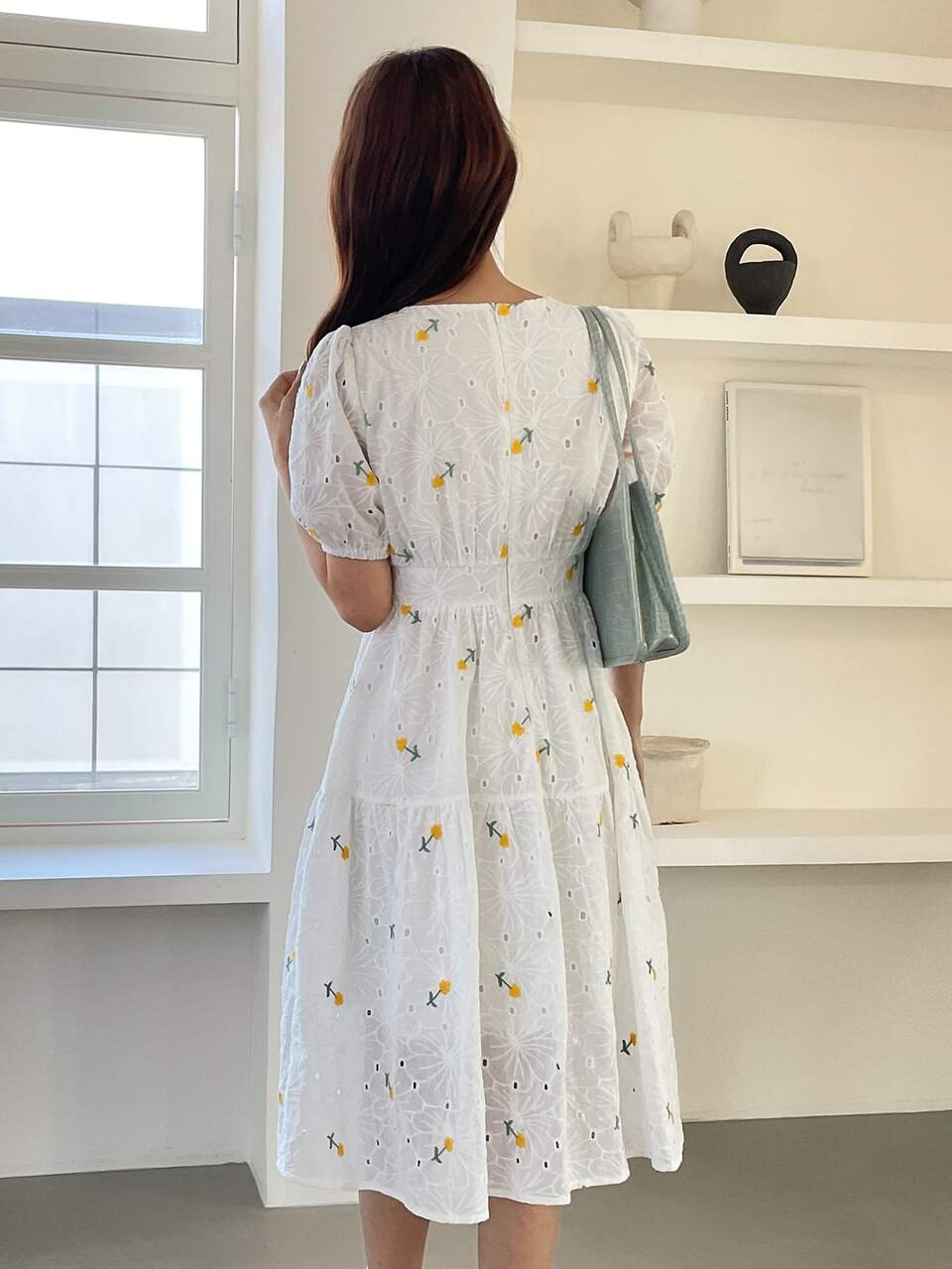 Floral Embroidery Puff Sleeve A-line Dress