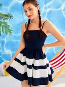 Đầm Dây kéo Khối Màu Giải trí - Xanh và trắng - Xem 1