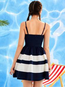 Đầm Dây kéo Khối Màu Giải trí - Xanh và trắng - Xem 2