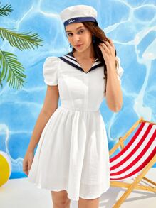 Sailor Collar Puff Sleeve Dress - White - View 1