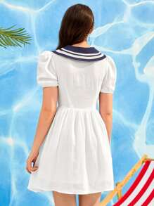 Sailor Collar Puff Sleeve Dress - White - View 2