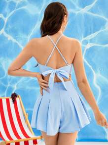 十字交叉後綁帶掛脖上衣和短褲套裝 - 淺藍色 - 查看 2
