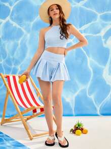 十字交叉後綁帶掛脖上衣和短褲套裝 - 淺藍色 - 查看 3