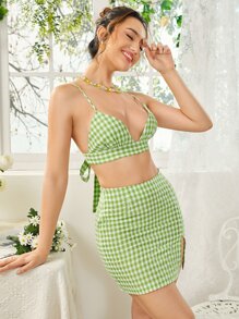 SHEIN WYWH Gingham Print Tie Back Crop Cami Top & Split Side Skirt Set - Multicolor - View 4