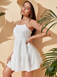 Soleia Lace Up Open Back Cami Dress - White - View 4