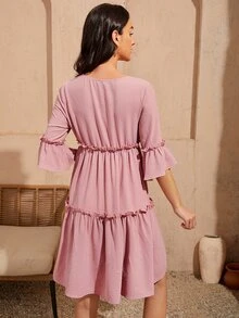 SHEIN Vestido ribete con encaje en abanico con diseño fruncido - Rosa vieja - Ver 2