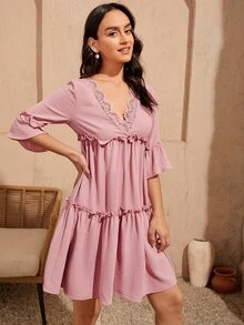 SHEIN Vestido ribete con encaje en abanico con diseño fruncido - Rosa vieja - Ver 4