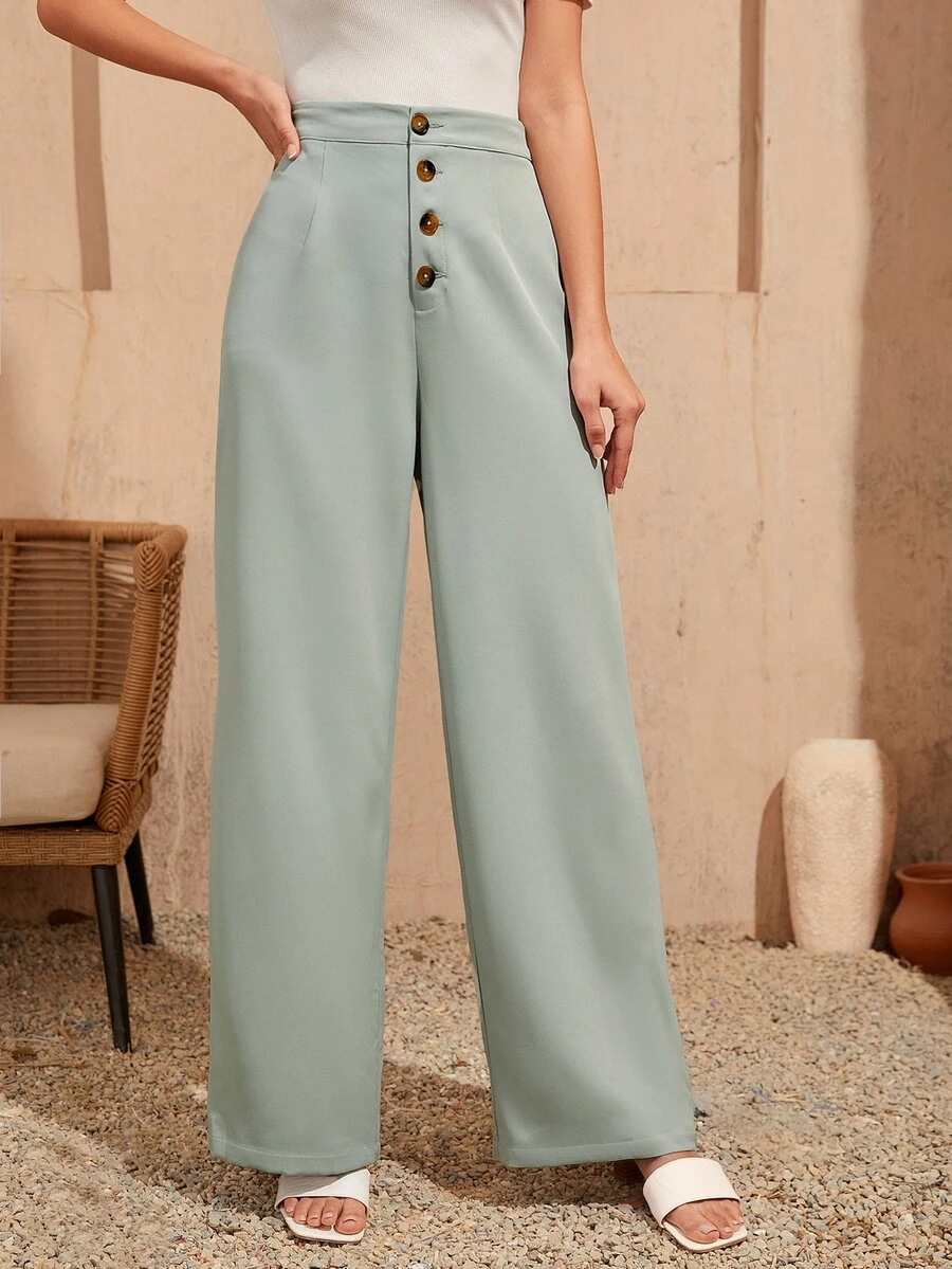 SHEIN Solid Button Fly Suit Trousers - Mint Green - View 1