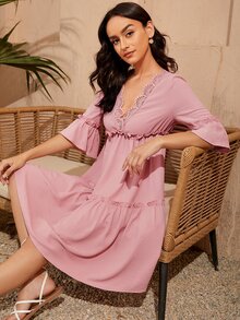 SHEIN Vestido ribete con encaje en abanico con diseño fruncido - Rosa vieja - Ver 5