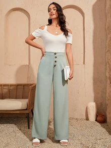 SHEIN Solid Button Fly Suit Trousers - Mint Green - View 3