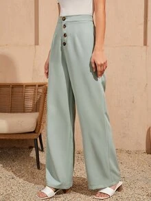 SHEIN Solid Button Fly Suit Trousers - Mint Green - View 4