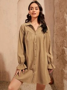 SHEIN 素色荷葉袖襯衫洋裝 - 卡其色 - 查看 1