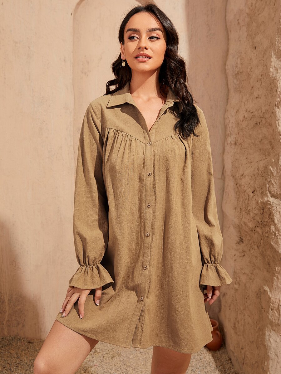 SHEIN 素色荷葉袖襯衫洋裝 - 卡其色 - 查看 1